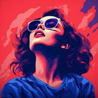 une femme avec des lunettes de soleil sur une rouge et bleu Contexte génératif ai photo