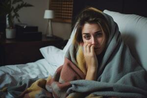 une femme enveloppé dans une couverture séance sur une lit génératif ai photo