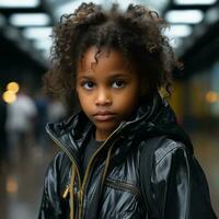 une Jeune africain américain fille avec frisé cheveux génératif ai photo