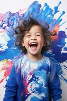 une Jeune garçon est en riant tandis que permanent dans de face de une éclaboussure de peindre génératif ai photo