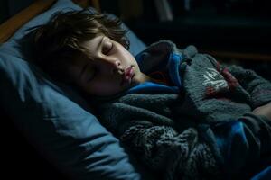 une Jeune garçon en train de dormir dans lit à nuit génératif ai photo