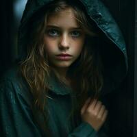 une Jeune fille dans une vert imperméable génératif ai photo