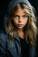 une Jeune fille dans une sweat à capuche avec bleu yeux génératif ai photo