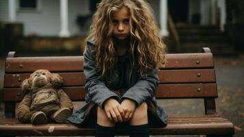 une Jeune fille séance sur une banc avec une nounours ours génératif ai photo