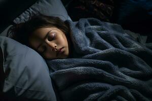 une Jeune fille en train de dormir dans lit avec une couverture génératif ai photo