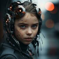 une Jeune fille avec une robot tête sur sa tête génératif ai photo