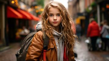 une Jeune fille avec une sac à dos permanent dans le milieu de une ville rue génératif ai photo