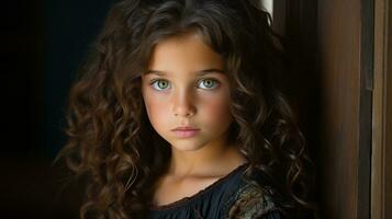 une Jeune fille avec longue frisé cheveux et vert yeux génératif ai photo