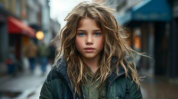 une Jeune fille avec longue cheveux permanent dans le milieu de une ville rue génératif ai photo