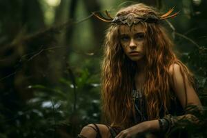 une Jeune fille avec longue rouge cheveux séance dans le milieu de une forêt génératif ai photo