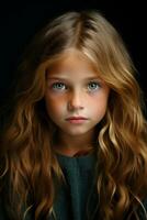 une Jeune fille avec longue ondulé cheveux et bleu yeux génératif ai photo