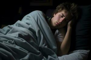 une Jeune homme est en train de dormir dans une lit génératif ai photo