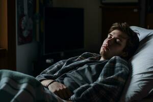 une Jeune homme est en train de dormir dans une hôpital lit génératif ai photo