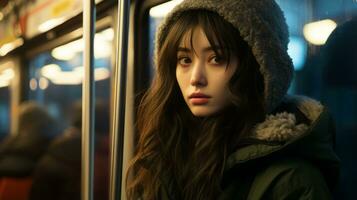 une Jeune femme dans une manteau et chapeau sur une train génératif ai photo