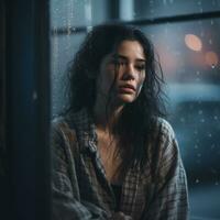 une Jeune femme séance dans de face de une fenêtre dans le pluie génératif ai photo