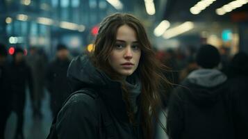 une Jeune femme permanent dans une bondé train station génératif ai photo
