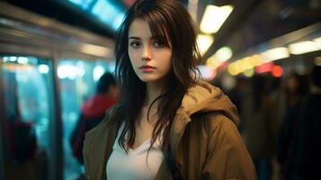 une Jeune femme permanent dans de face de une métro train génératif ai photo