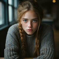 une Jeune femme avec bleu yeux séance à une table génératif ai photo