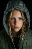 une Jeune femme avec bleu yeux dans une encapuchonné veste génératif ai photo