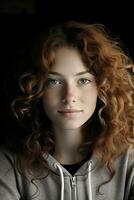 une Jeune femme avec frisé rouge cheveux génératif ai photo