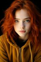 une Jeune femme avec rouge cheveux et vert yeux génératif ai photo