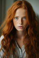 une Jeune femme avec rouge cheveux et taches de rousseur génératif ai photo