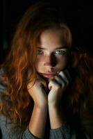 une Jeune femme avec rouge cheveux séance avec sa mains sur sa menton génératif ai photo