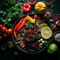 un assortiment de des légumes et des fruits sur une noir assiette génératif ai photo