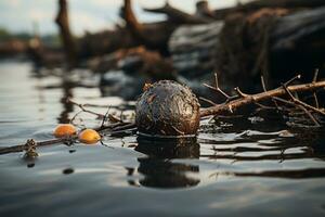 un Oeuf est flottant dans le l'eau suivant à une arbre branche génératif ai photo