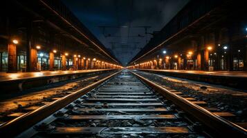 un vide train station à nuit avec lumières sur le des pistes génératif ai photo