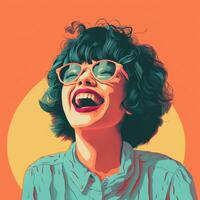 un illustration de une femme avec des lunettes et une sourire sur sa visage génératif ai photo