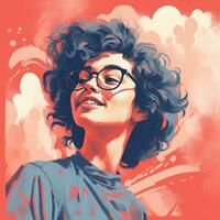 un illustration de une femme avec des lunettes et frisé cheveux génératif ai photo