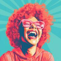 un illustration de une femme avec rouge frisé cheveux et des lunettes génératif ai photo