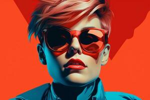 un illustration de une femme avec rouge cheveux et des lunettes de soleil génératif ai photo