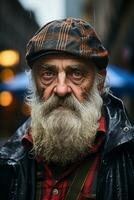 un vieux homme avec une longue barbe et une chapeau dans le pluie génératif ai photo