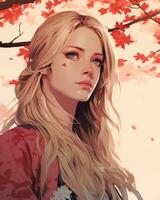 anime fille avec longue blond cheveux et rouge feuilles sur sa visage génératif ai photo