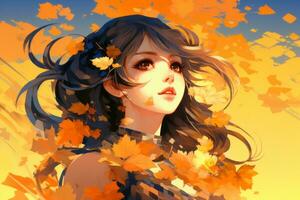 anime fille avec l'automne feuilles dans sa cheveux génératif ai photo