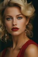 magnifique blond femme avec rouge robe et des boucles d'oreilles génératif ai photo