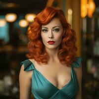 magnifique rouge aux cheveux femme dans une bleu robe génératif ai photo