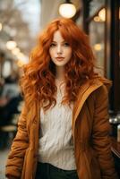 magnifique rouge aux cheveux femme avec longue frisé cheveux permanent dans une café génératif ai photo