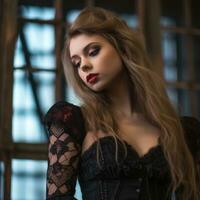 magnifique femme dans noir corset et rouge rouge à lèvres génératif ai photo