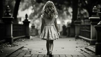 noir et blanc photo de une peu fille en marchant vers le bas une chemin génératif ai