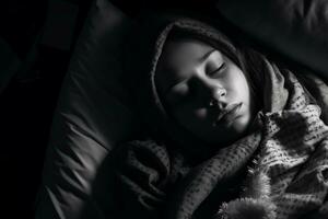 noir et blanc photo de une femme en train de dormir dans lit génératif ai