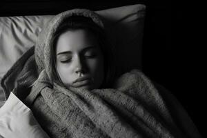 noir et blanc photo de une femme en train de dormir dans lit génératif ai