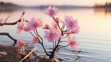 Cerise fleurs sur le rive de une Lac à le coucher du soleil génératif ai photo