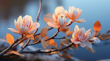 fleurs sur une branche par une corps de l'eau génératif ai photo