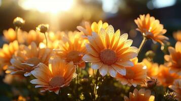 Orange fleurs avec le Soleil brillant par leur génératif ai photo