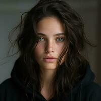 portrait de une Jeune femme avec foncé cheveux et bleu yeux génératif ai photo