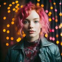 portrait de une Jeune femme avec rose cheveux dans de face de Noël lumières génératif ai photo