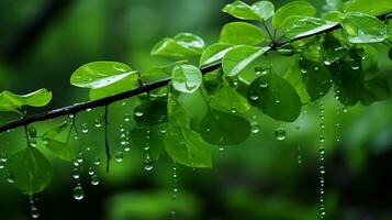 gouttes de pluie sur une arbre branche avec vert feuilles génératif ai photo